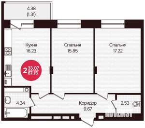 2-к квартира, вторичка, 67м2, 2/16 этаж