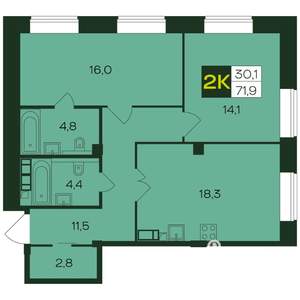 2-к квартира, вторичка, 72м2, 3/8 этаж