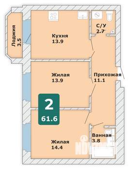 2-к квартира, вторичка, 62м2, 9/9 этаж