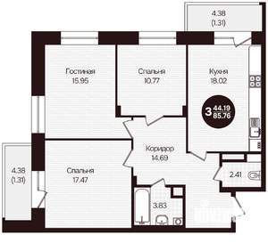 3-к квартира, вторичка, 86м2, 3/16 этаж