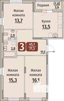 3-к квартира, строящийся дом, 79м2, 8/9 этаж