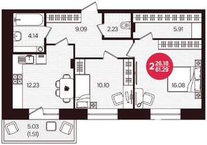 2-к квартира, вторичка, 61м2, 2/16 этаж