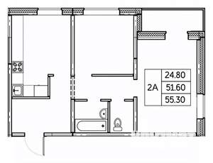 2-к квартира, строящийся дом, 55м2, 22/24 этаж