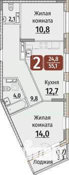 2-к квартира, строящийся дом, 57м2, 6/9 этаж