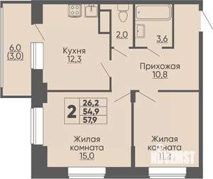 2-к квартира, строящийся дом, 58м2, 12/16 этаж