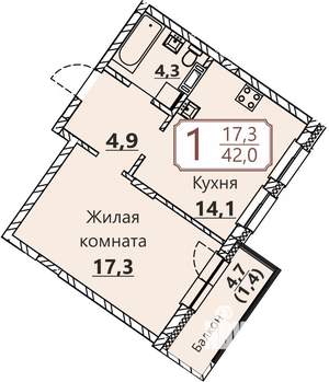 1-к квартира, вторичка, 42м2, 3/8 этаж