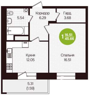 1-к квартира, вторичка, 46м2, 10/16 этаж