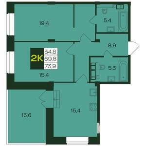 2-к квартира, вторичка, 74м2, 6/8 этаж