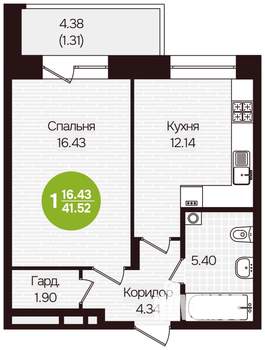1-к квартира, вторичка, 42м2, 2/16 этаж