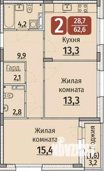 2-к квартира, строящийся дом, 64м2, 3/9 этаж