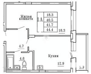 1-к квартира, сданный дом, 44м2, 1/14 этаж