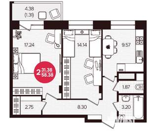 2-к квартира, вторичка, 58м2, 5/16 этаж